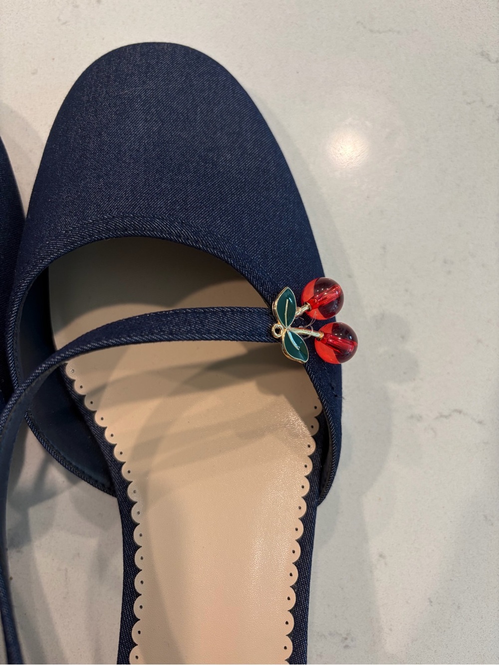 For Love & Lemons Navy Slingback Flats with Red Cherry Accent - Picture 7 of 10